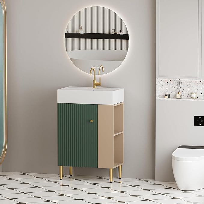 Merax 21.6" Small Bathroom Vanity with Sink Narrow Depth Bathroom Vanities,Wood Vanity Cabinet,Soft Closing Door,Freestanding Sink Cabinet W/Open Side Shelves,Green