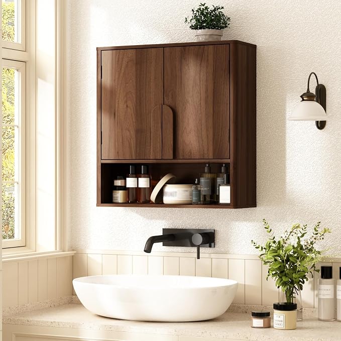 RUSTOWN Wall Mounted Bathroom Cabinets with Rounded Edges & Curved Handles | Adjustable Shelf, 3-Tier Over The Toilet Storage Cabinets, Modern Medicine Cabinet for Laundry Kitchen Living Room