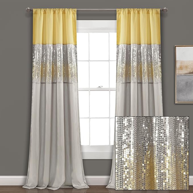 Lush Decor Night Sky Window Curtain Panel, Single 42"W x 108"L Yellow & Gray - Sequin Backdrop Curtain - Room Darkening Curtains For Bedroom - Glam Decor