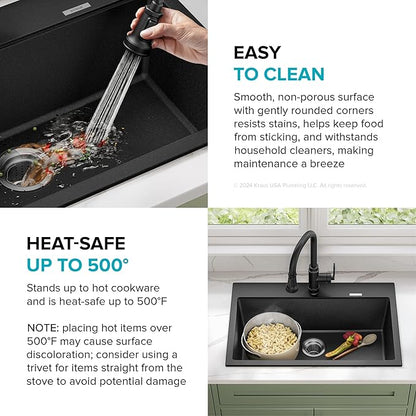 KRAUS Quarza 31-inch Drop-In/Undermount Single Bowl Granite Kitchen Sink in Black Onyx, KGD-412B