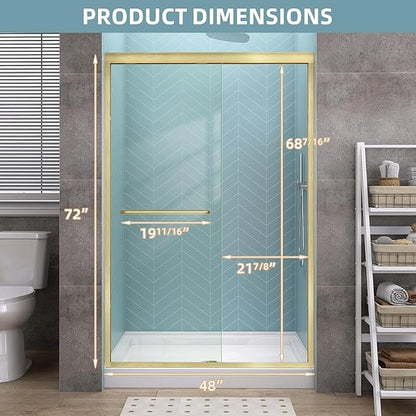 GETPRO Sliding Shower Door 44-48 in. W x 72 in. H Semi-Frameless Bypasss Double Sliding Glass Shower Doors,1/4 inch Clear Tempered Glass Door for Walk-in Shower Brushed Gold