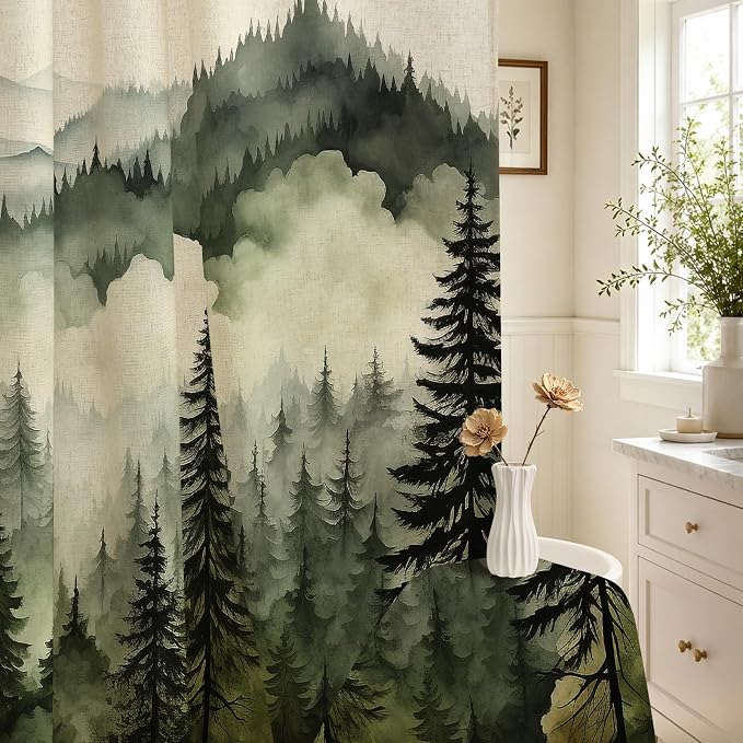 Litabel Dark Green Extra Long Linen Misty Pine Forest Shower Curtain 72 x 84, XL Mountain Foggy Woodland Cotton Shower Curtains for Bathroom, Abstract Waterproof Nature-Themed Decor