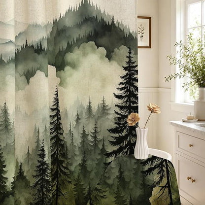 Litabel Dark Green Extra Long Linen Misty Pine Forest Shower Curtain 72 x 84, XL Mountain Foggy Woodland Cotton Shower Curtains for Bathroom, Abstract Waterproof Nature-Themed Decor