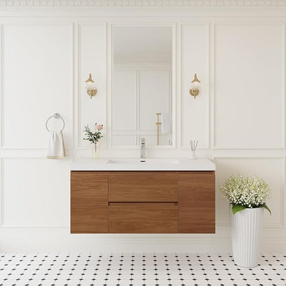 KEIKI 48'' Wall-Mounted Bathroom Vanity with Sink - Floating Design, 2 Soft-Close Drawers & Doors & Resin Basin, Space-Saving for Bathrooms, Walnut