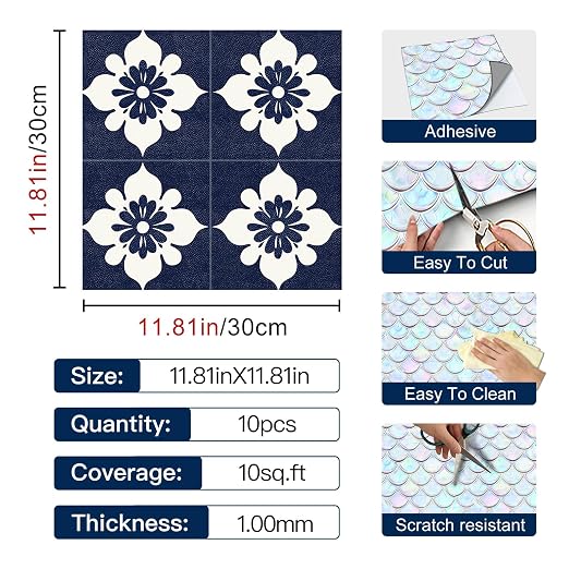 Navy Floral Peel and Stick Floor Tiles 12x12 Inch 10PCS | Navy blue and white floral tile pattern vinyl floor stickers for kitchen bathroom entryway and indoor home decor