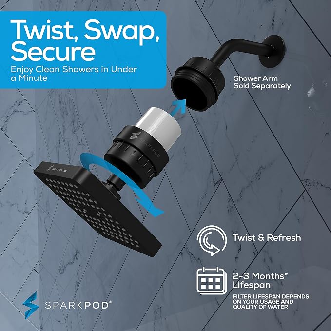 SparkPod Filtered Shower Head, 23-Stage, 6" Square, Black Matte | Showerhead for Hard Water, High Pressure, Reduces Chlorine, Heavy Metals, For Dry Skin & Hair, Removable Capsule Filter