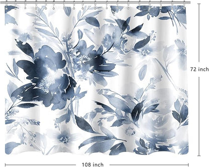 Extra Wide Flower Shower Curtain 108 x 72 for Claw Foot Tub, Navy Blue | Modern Watercolor Floral 108 inch Long Shower Curtain Set with 18 Pack Plastic C-Hooks, Blue White