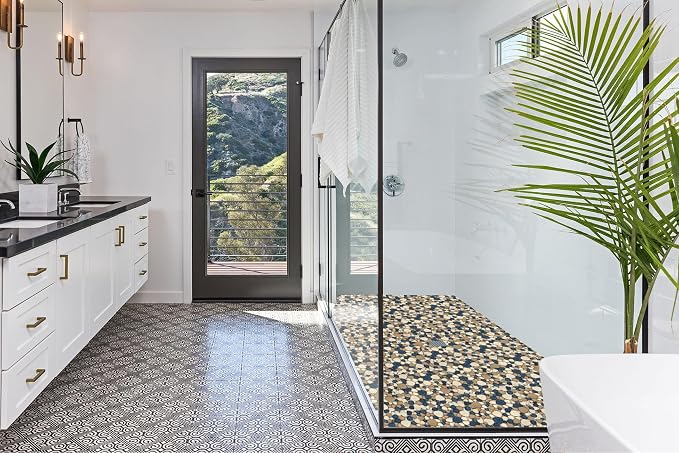 Pebble Tile for Shower Floor Brown Blue Pebbles Mosaic Tiles for Bathroom Floor [Set of 5 Sheets]