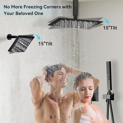 Shower Faucet Sets Matte Black Shower System,Bostingner Five Function Diverter Shower Faucets with 2 in 1 Handheld,10'' Ceiling Mount and 6’‘ Wall Mount Shower Head Rainfall Shower Set with Valve