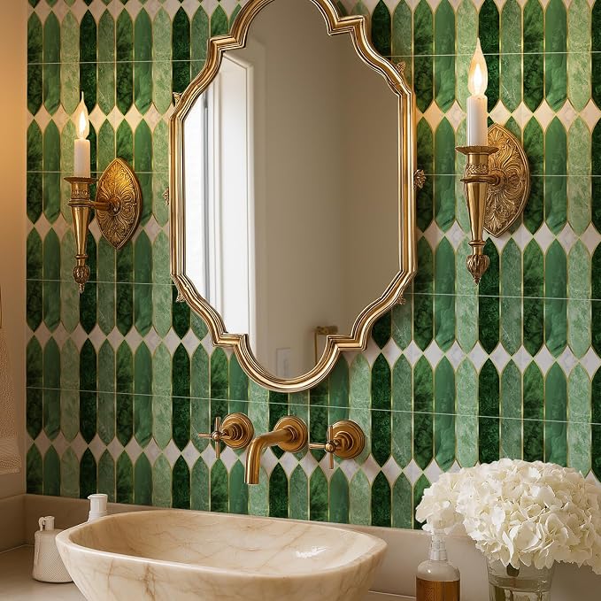 funlife Holographic Emerald Art Deco Peel and Stick Backsplash Self-Adhesive PVC Wall Tiles Easy DIY with Tools for Kitchen Bathroom and Laundry Room 5.9"x5.9"x50-Sheet Pointed Arch Marble