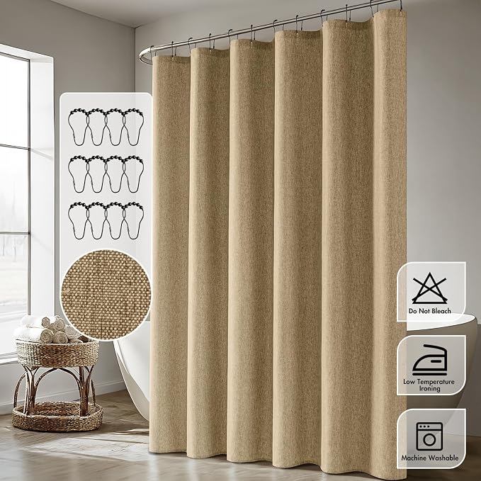 ANRODUO Khaki Linen Textured Fabric Shower Curtain Set - W72xL72 | Farmhouse Shower Curtain with 12 Metal Hooks, Waterproof Heavy Duty, Button Hole Design, Machine Washable for Bathroom