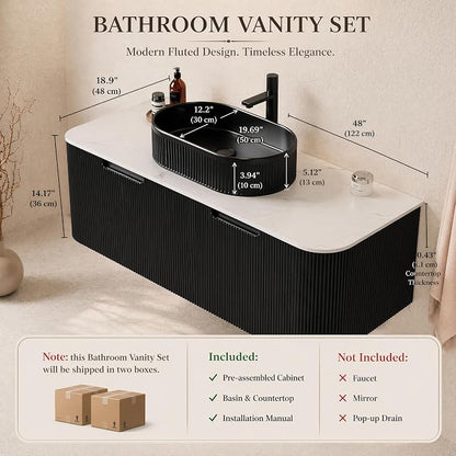 48 Inch Bathroom Vanity with Sink, Floating Wall Mounted Single Sink Vanity, Black Curved Fluted Front, Stone Top, Black Textured Oval Vessel Basin, Pre-Assembled