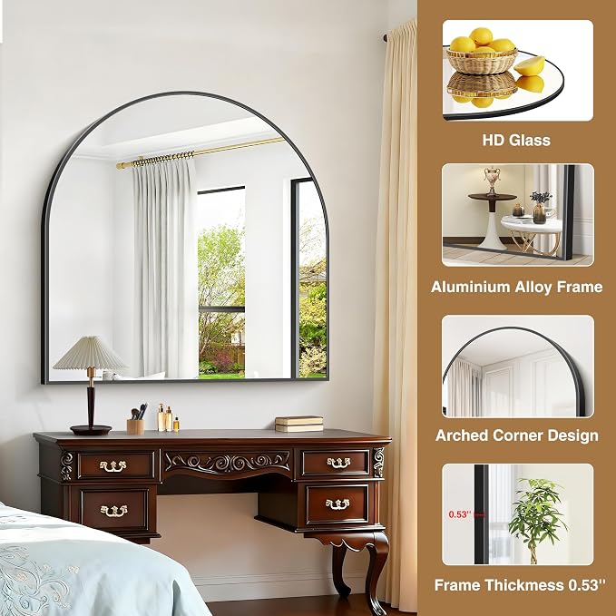 COFENY Arched Mirror, 42’’x42’’ Black Arch Mirror for Bathroom, Large Arched Bathroom Mirror with Frame, Modern Wall Mounted Mirror for Over Sink Mantle Bedroom Vanity Living Room Entryway