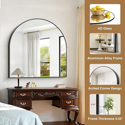 COFENY Arched Mirror, 42’’x42’’ Black Arch Mirror for Bathroom, Large Arched Bathroom Mirror with Frame, Modern Wall Mounted Mirror for Over Sink Mantle Bedroom Vanity Living Room Entryway