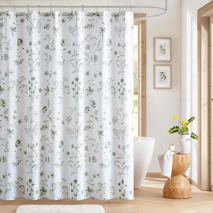 Martha Stewart 100% Cotton Floral Shower Curtain, 72 x 72, Sage Green | Martha's Garden Series, Botanical Floral Print, Spa Quality Modern, Machine Washable, Modern Bathroom Curtains