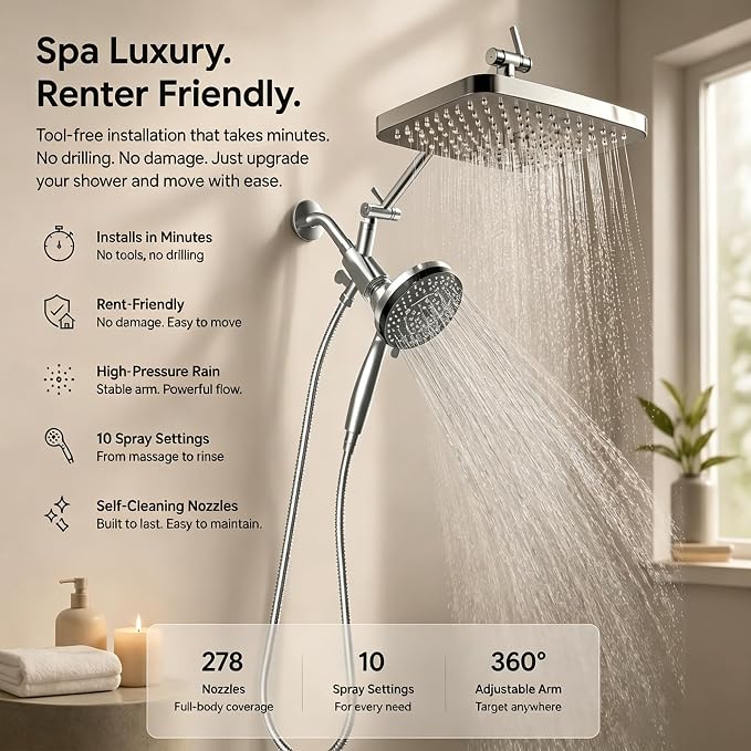 High Pressure Shower Head with Handheld, Upgrade Rain Shower Heads with Fixed Showerhead Combo, 10 Sprays Handheld Shower Head Built in Power Jets, 71" Long Hose, Chrome Silver