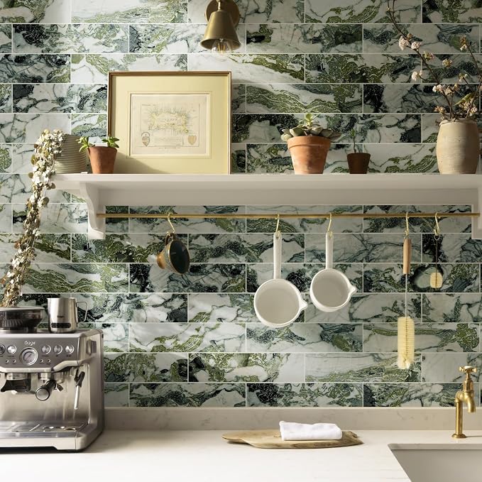Vamos Tile Peel and Stick Backsplash, Glossy 40-Piece 3''x12'' Subway Tile | Ice Green with White Grout Wall Tile,PVC Faux Stone Stick on Subway Tiles for Kitchen,Bathroom,Laundry,Camper,Fireplace