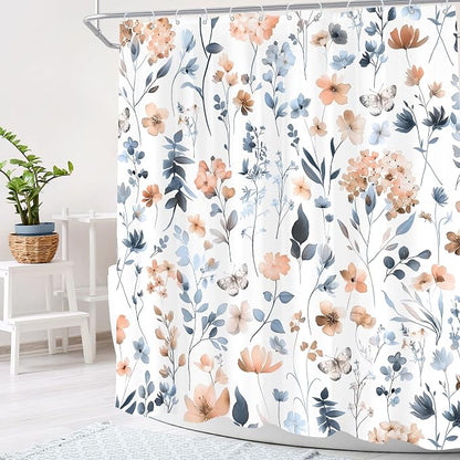 Cute Floral Blue Pink Flower Watercolor Plants Bathroom Shower Curtain Set | 72"W x 72"H Wildflower Butterfly; waterproof HD print, quick-dry fabric and plastic hooks for easy setup.