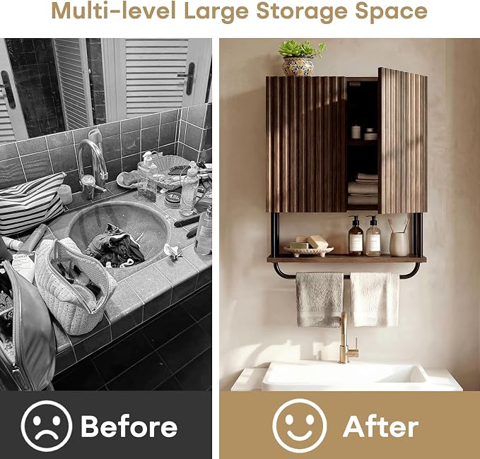 Fluted Bathroom Wall Cabinet,Wood Medicine Cabinet with Towel Bar Walnut | Fernitry Over the toilet Storage Cabinet Walnut Wall Mounted with Adjustable Shelf 3 Tier Farmhouse with 2 Doors Retro