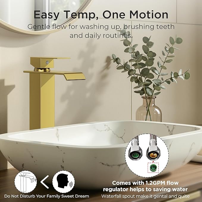 Forious Vessel Bathroom Sink Faucets 1 Hole Brushed Gold, Tall Waterfall Bathroom Faucet Single Handle with Pop Up Drain and Supply Lines for Bowel Sink, Deck Mount