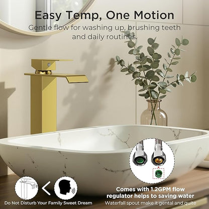 Forious Vessel Bathroom Sink Faucets 1 Hole Brushed Gold, Tall Waterfall Bathroom Faucet Single Handle with Pop Up Drain and Supply Lines for Bowel Sink, Deck Mount