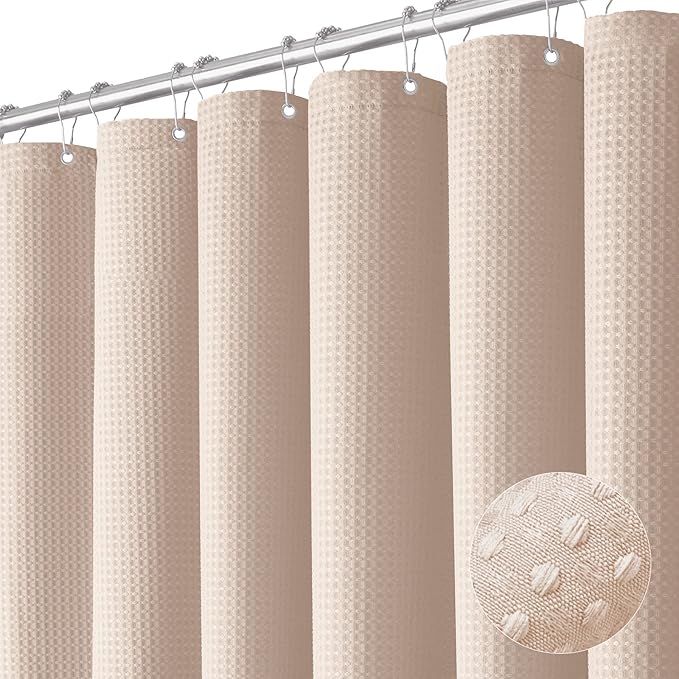 Extra Long Waffle Shower Curtain 256 GSM Fabric 72x96 Blush Pink | 96 Inch Tall, Thick Cloth, Weighted Hem, Water Repellent, Hotel Luxury Polyester Shower Curtain Set for Bathroom 12 Hooks