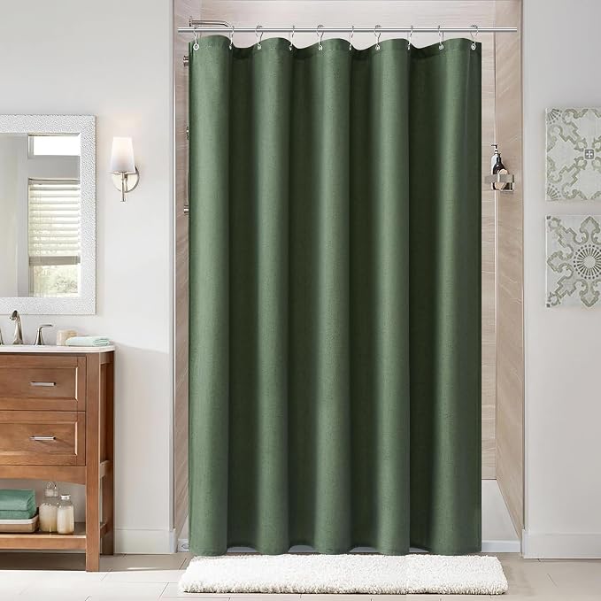 60 Inch Shower Curtain - Stall Narrow Half Green Linen Ultra Thick Fabric Shower Curtain Set with Hooks, Boho Farmhouse Rustic RV Camper Bath Curtains for Bathroom, Olive Green, 60x72