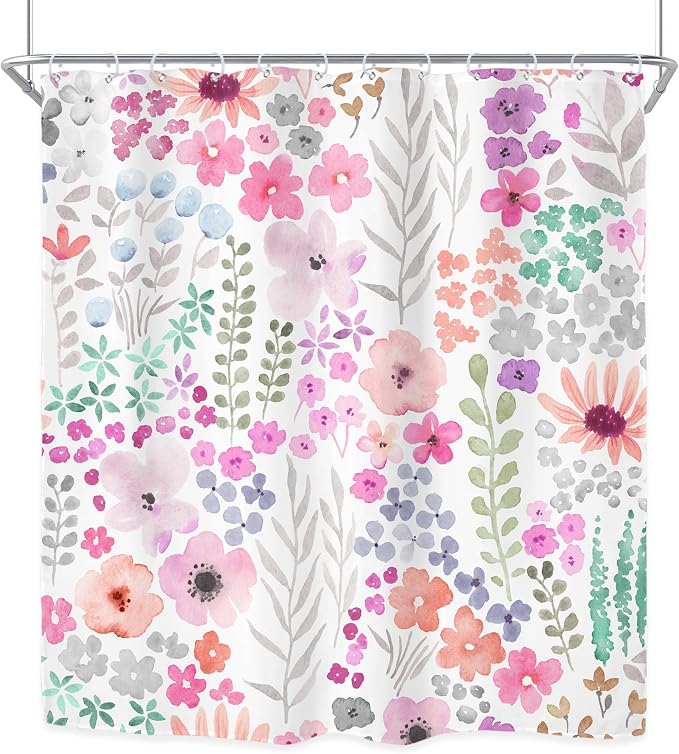Extra Long Purple Floral Watercolor Colorful Bathroom Shower Curtain Set | 72"W x 84"H Boho Cute; waterproof HD print, quick-dry fabric with 12 hooks for easy hanging.