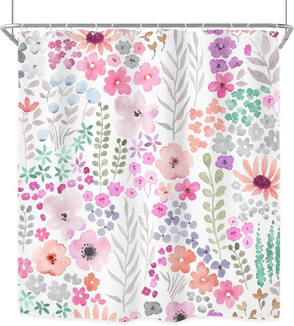 Extra Long Purple Floral Watercolor Colorful Bathroom Shower Curtain Set | 72"W x 84"H Boho Cute; waterproof HD print, quick-dry fabric with 12 hooks for easy hanging.