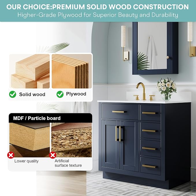 36-Inch Bathroom Vanity with Sink W/ 2 Doors & 4 Drawers & 1 Flip Drawer, Navy Blue Vanity W/Brushed Gold Handles