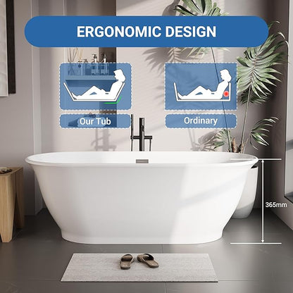 59" Oval Freestanding Bathtub, Acrylic Soaking Tub with Overflow, Matte Silver Drain, Modern Stand Alone Tub, Deep Free Standing Bath Tub for Bathroom, Hotel, Easy Install, CUPC Certified, White