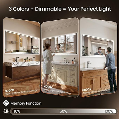 72x30 LED Bathroom Mirror with Anti-Fog, Backlit & Front Lit, Memory | Stepless Dimmable 3 Color CRI 95+ Shatterproof Tempered Glass ETL Listed for Safety Lighted Bathroom Vanity Mirror for Wall