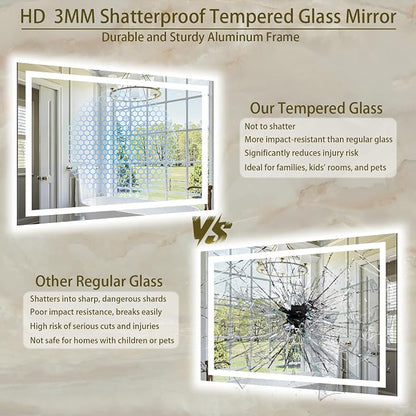 60"x40" LED Bathroom Mirror with Lights, Anti-Fog, Backlit+Frontlit | CRI 95, Stepless Dimmable, 3 Colors Lighting, Shatterproof Tempered Glass, HD Reflection, Memory, (Horizontal/Vertical)