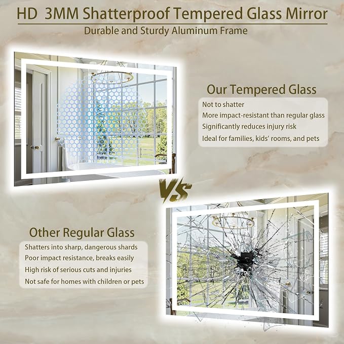 36"x60" LED Bathroom Mirror with Lights, Anti-Fog, Backlit+Frontlit | CRI 95, Stepless Dimmable, 3 Colors Lighting, Shatterproof Tempered Glass, HD Reflection, Memory, (Horizontal/Vertical)