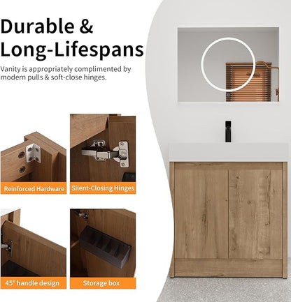 30'' Freestanding Bathroom Vanity, 30 Inch Floor Stand Bathroom Vanity with Sink, Single Resin Sink Cabinet Set, Modern Storage Cabinet, with Soft Closing Door, 03630IMO+30120MMO