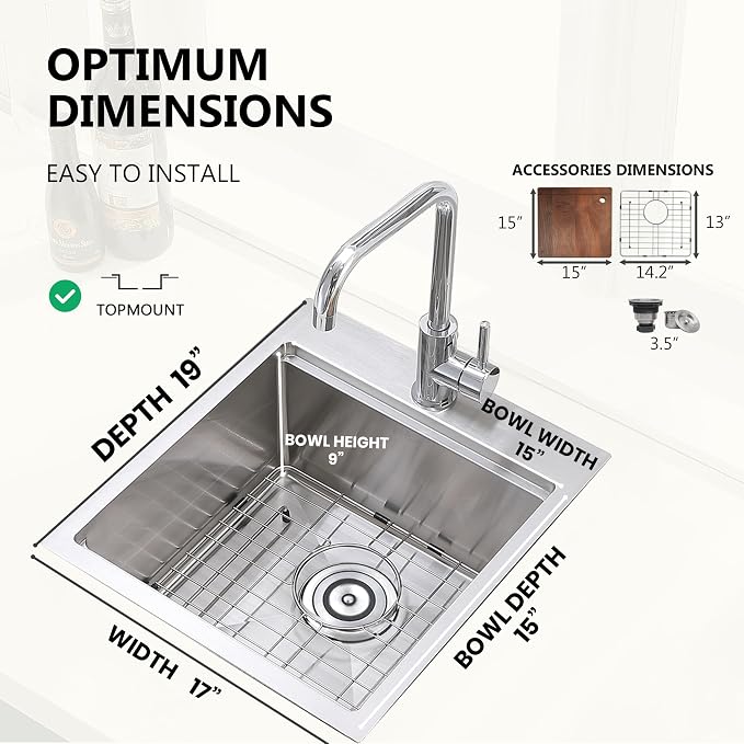 COMLLEN 17x19 Inch Drop in Bar Sink Brushed Nickel | cutting board, 304, 16 gauge, 9-inch deep, grid drain, workstation, outdoor, RV, laundry, kitchen