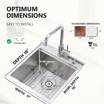 COMLLEN 17x19 Inch Drop in Bar Sink Brushed Nickel | cutting board, 304, 16 gauge, 9-inch deep, grid drain, workstation, outdoor, RV, laundry, kitchen