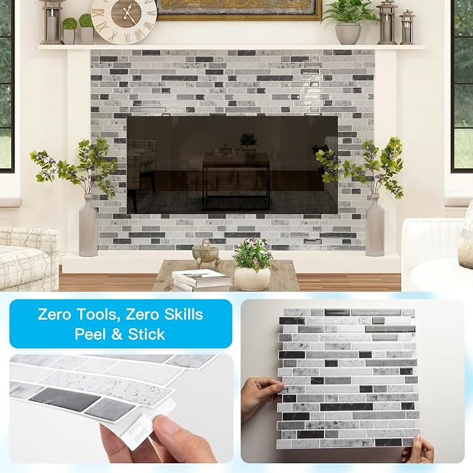 Art3d 10-Sheet Heavy-Duty Peel and Stick Backsplash, Waterproof Wall Tiles Stick on Kitchen Backsplash Living Space, Carrara Grey (Pack of 4)