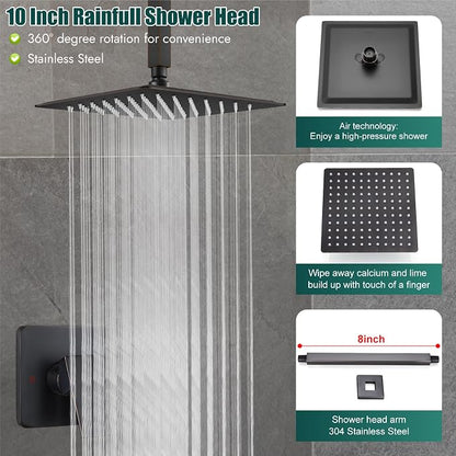 Heyalan10 Inch Ceiling Mount Shower Faucet Set with Valve,Oil Rubbed Bronze | Rainfall shower head, ceiling-mount design, SUS304 steel, adjustable angle, single-handle control