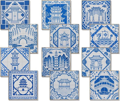 Easy Peel Stick wall Tile Stickers 6x6in Stick on backsplash Tiles,12Pcs | removable blue3D tile for kitchen RV bathroom laundry backsplash decor,Ultra-high-definition printed pogada pattern
