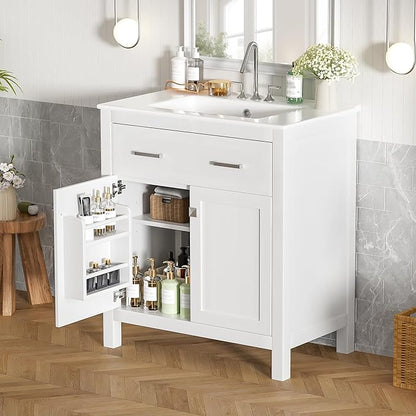 30 Inch Bathroom Vanity with Sink, Bathroom Vanities 30" with Sink, 30 in Vanity with Sink for Bathroom, Restroom Vanity with Sink, Flip Drawer, Cabinet and Door Shelves (White)