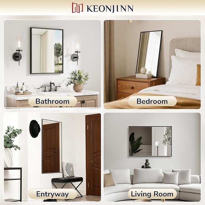 Keonjinn 40 x 24 Inch Black Bathroom Mirrors for Over Sink, Metal Frame | Beveled Rectangle Framed Mirrors for Wall, Black Bathroom Vanity Mirror, Tempered Glass, Square Corner, Farmhouse Style