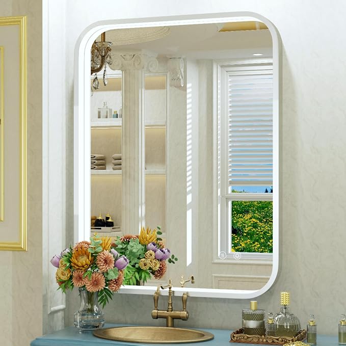 28"x36" Silver LED Bathroom Mirror with 3000K/4500K/6000K Lights | Stepless Dimmable,Anti-Fog,Memory Function,Aluminum Frame Wall Mount Lighted Bathroom Vanity Mirror,ETL Cert‌,IP54 Waterproof