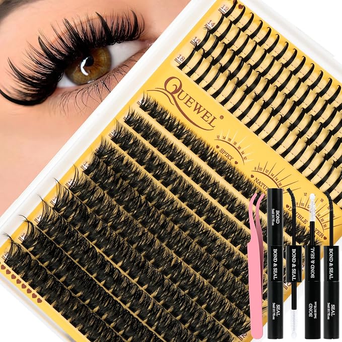 QUEWEL Wispy Eyelash Extension Kit 100D Manga Lash Clusters with Spikes | 280PCS Individual Volume Anime Lashes, D Curl Spiky Manga Lash Clusters,100D Lash Clusters Kit With Bond and Seal, Tweezers
