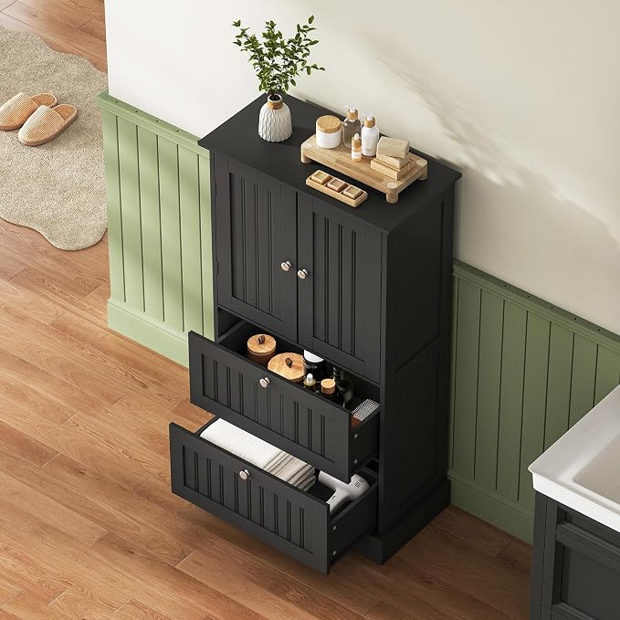 Treocho Bathroom Floor Cabinet with 2 Drawers and Adjustable Shelf | Bathroom Storage Cabinet, Freestanding Cupboard Pantry for Kitchen, Living Room, Dining Room, Black