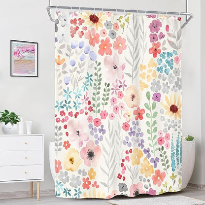 Narrow Small Stall Floral Flower Cute Colorful Bathroom Shower Curtain Set | 54"W x 78"H Plants Botanical; waterproof HD print, quick-dry fabric with 12 hooks for easy hanging.