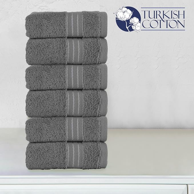 Elegant Comfort Premium Turkish Cotton 6 Pack Washcloths Set - 13 x 13 inch, Luxurious Hotel Spa Quality 100% Turkish Cotton 6PC Washcloth Set - Highly Absorbent - Soft Bathroom Towels, Grey