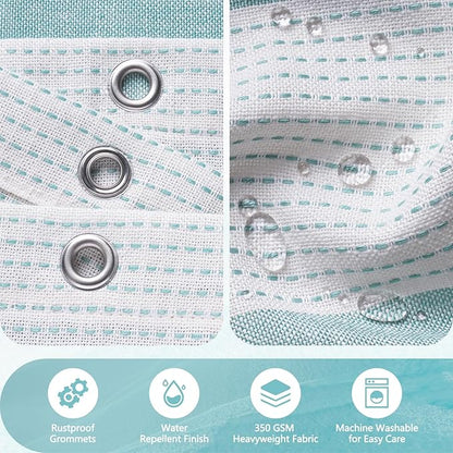 Boho Chic Thick Teal Shower Curtain with Tassels, 350GSM Cotton Linen Soft Fabric Shower Curtain Aqua Green, 72 x 72 Inch Heavyweight Elegant Farmhouse Bathroom Decor Curtain French Country