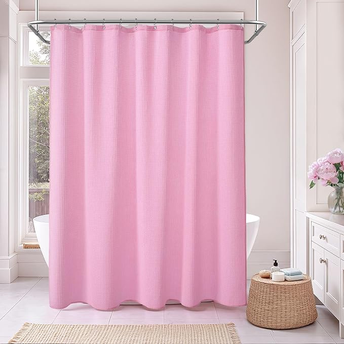 Waffle Weave Shower Curtain - Pink Cotton Fabric Texture Heavyweight Shower Curtains for Bathroom,Washable,72Wx72L