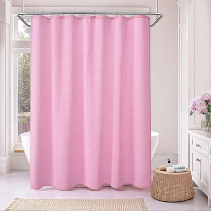 Waffle Weave Shower Curtain - Pink Cotton Fabric Texture Heavyweight Shower Curtains for Bathroom,Washable,72Wx72L